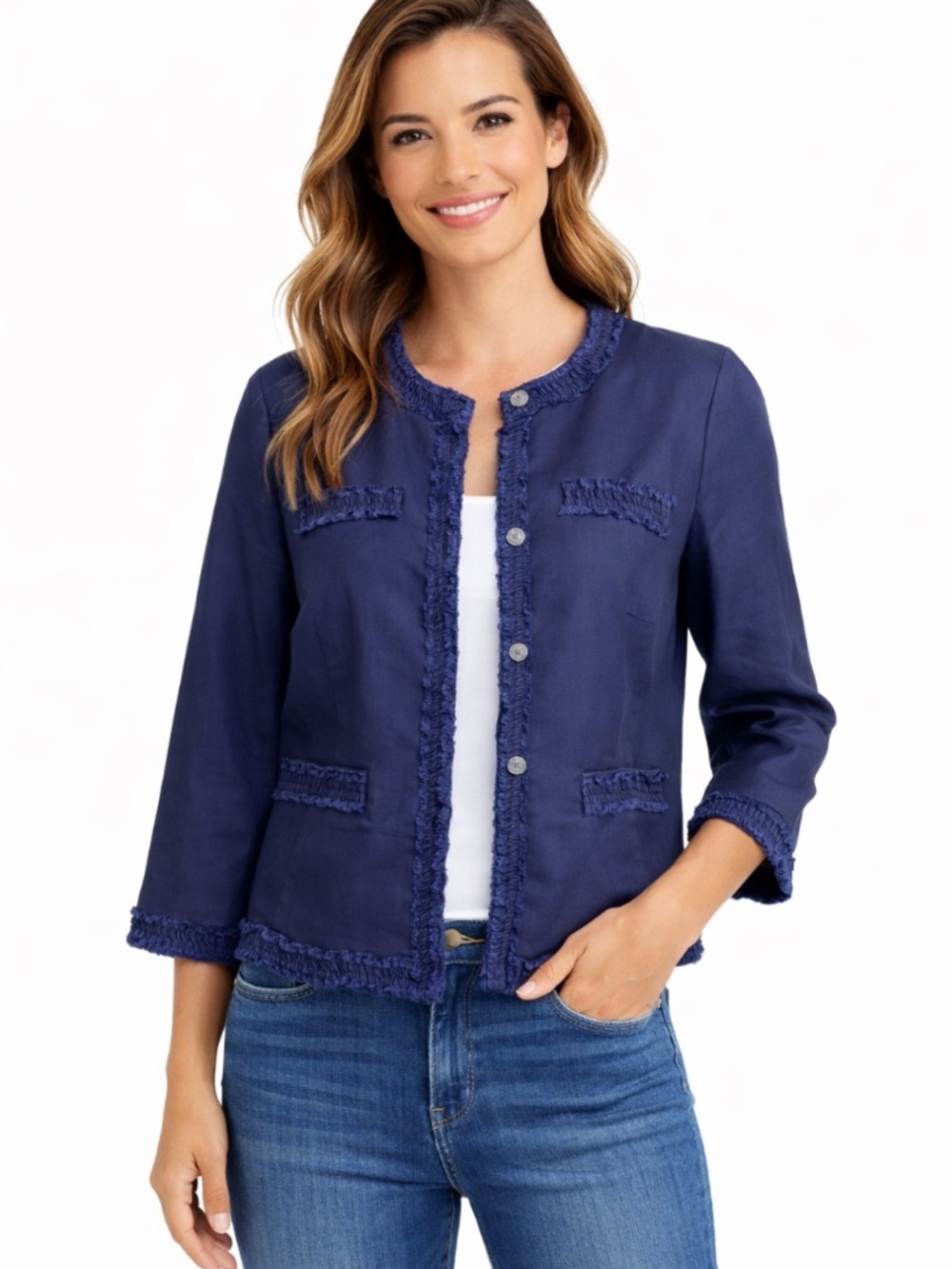 Talbots Blazer Navy Blue Linen Blend Crop Snap Button Fringe Blazer Jacket 12P